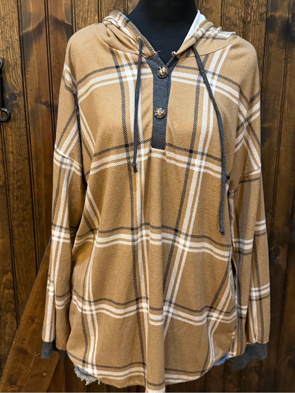 HEIMISH USA Camel Plaid V-Neck Hooded Sweater